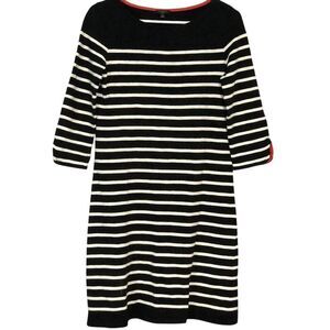 Talbots Mini Sweater Dress Women's Size P Shift Black White Striped 3/4 Sleeve